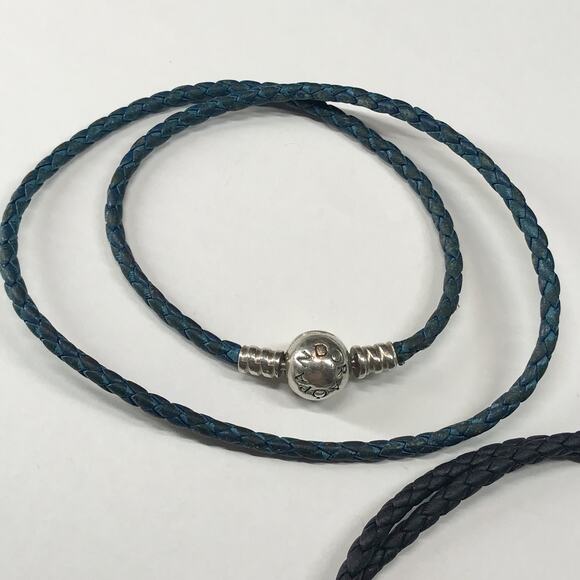 Pandora ALE 925 Sterling Silver Round Clasp Braided Leather Double Bracelet Set - Picture 8 of 9